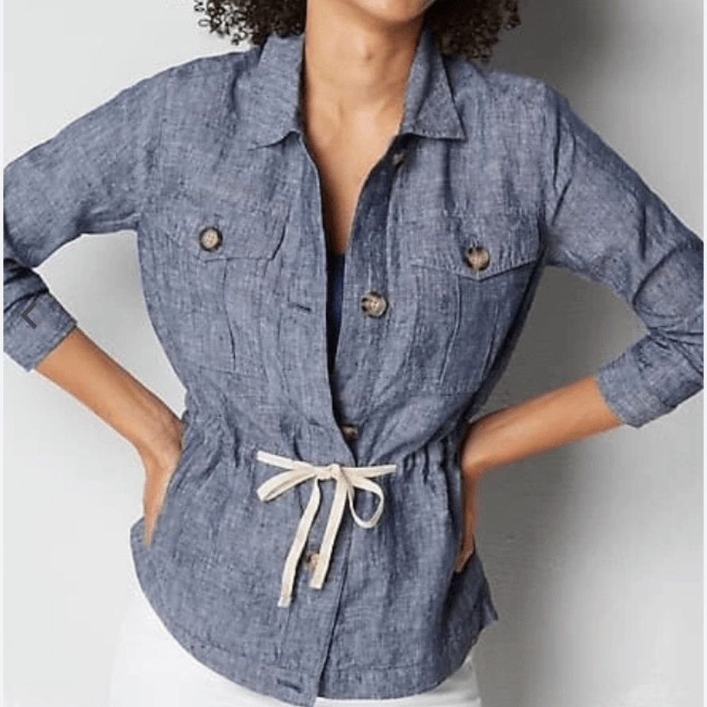 J. Jill Blue Linen Drawstring Utility Jacket